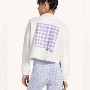 Peloton Cropped Polo Sweatshirt White Purple Check Button Shirt